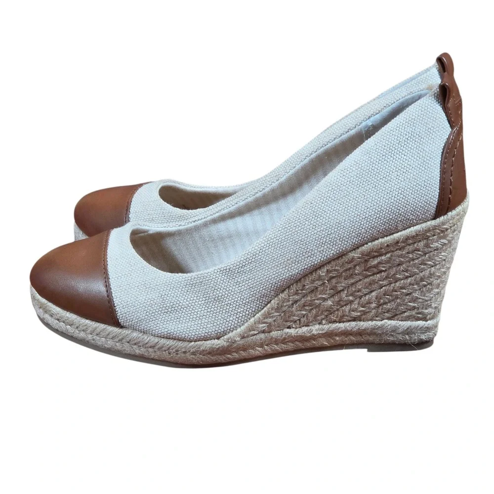 G.H. Bass & Co Kaitlyn Espadrille Wedges Cream Brown Cap Toe Canvas Shoes 8.5M